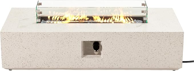 COSIEST Outdoor Propane Fire Pit Table, 56" x 28" Rectangle Terrazzo White Concrete-Like Finish, CSA Certified, 50,000 BTU Stainless Steel Burner w Transparent Gray Fire Glass, Wind Guard, Raincover