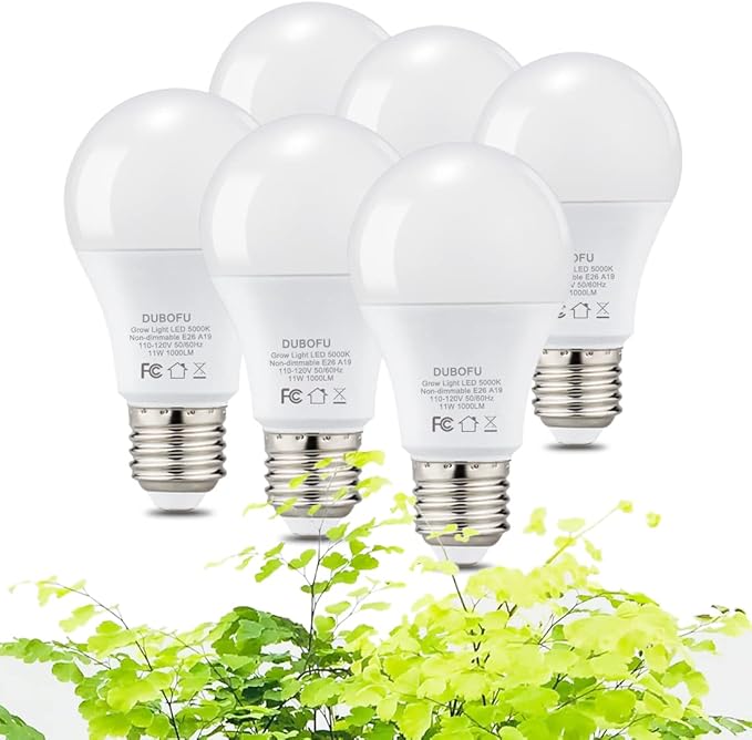 Grow Light Bulbs for Indoor Plants, Full Spectrum Grow Light Bulb, 11W LED Growing Plant Light Bulb for Seed Starting, Hydroponics, Vegetable, Flowers, Greenhouse, 100W Equivalent, A19, E26, Pack of 6