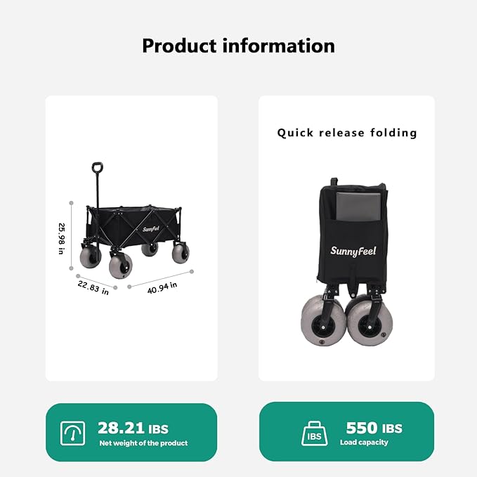 SUNNYFEEL 41''L 550lbs Heavy Duty Beach Wagon with 9" Balloon Tires, 200L Fold Up Wagon Cart Foldable with Side Pocket and Brakes for Camping Sports Garden Shopping (Black)