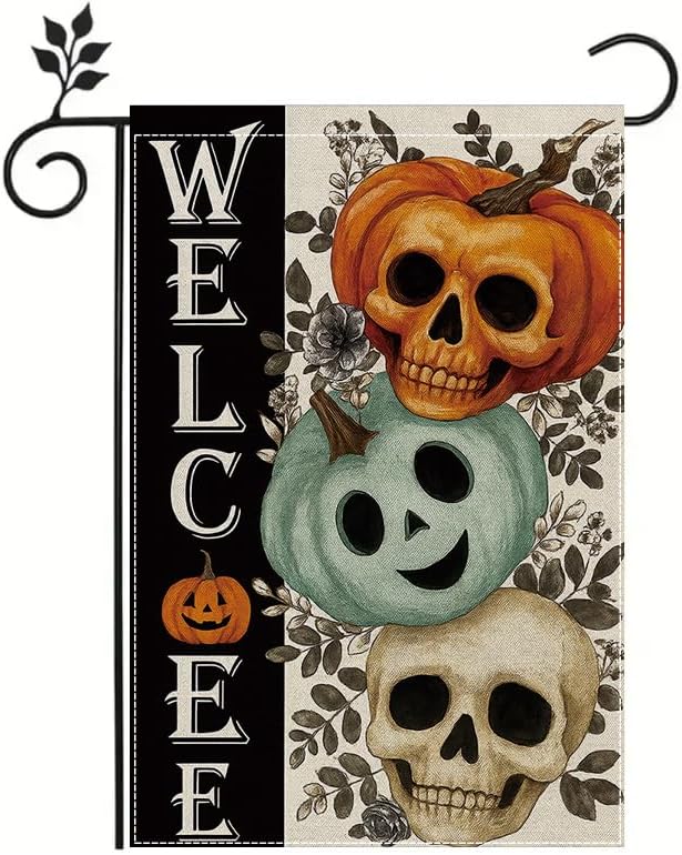 Halloween Garden Flag 12x18 Inch Double Sided, Skull Pumpkin Welcome Yard flag, Spooky Outdoor Party Decoration for Porch, Patio, Lawn, Garden, Indoor & Outdoor Halloween Décor