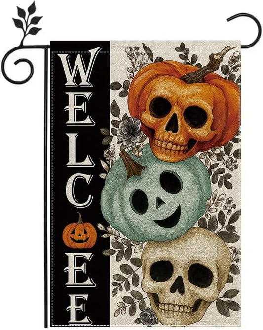 Halloween Garden Flag 12x18 Inch Double Sided, Skull Pumpkin Welcome Yard flag, Spooky Outdoor Party Decoration for Porch, Patio, Lawn, Garden, Indoor & Outdoor Halloween Décor