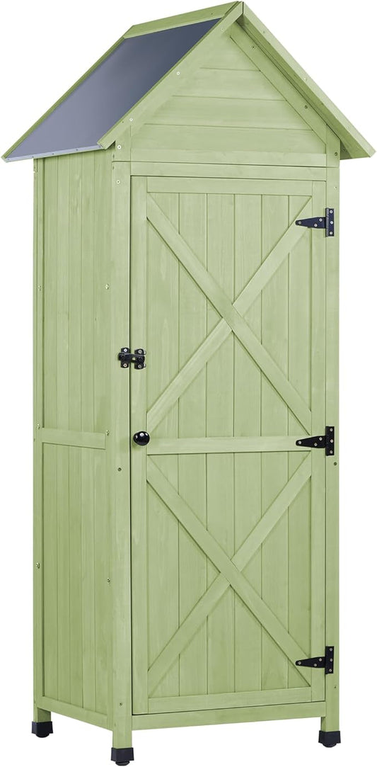 Wooden Outdoor Storage Cabinet,Tall Vertical Garden Tool Shed with Waterproof Metal Roof & Adjustable Feet – Perfect for Yard, Patio, Lawn & Deck (Green, 22" x 26" x 67")