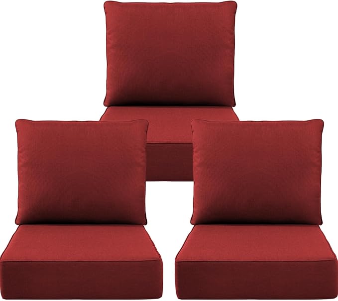 Luxury 6" Outdoor Cushions for Patio Furniture, 24x24x6 Thick Seat Cushion Set of 3, Fade Resistant Couch Chair Replacement Cushions High Density Deep Wicker Chair Cushion w/Removable Cover, Red