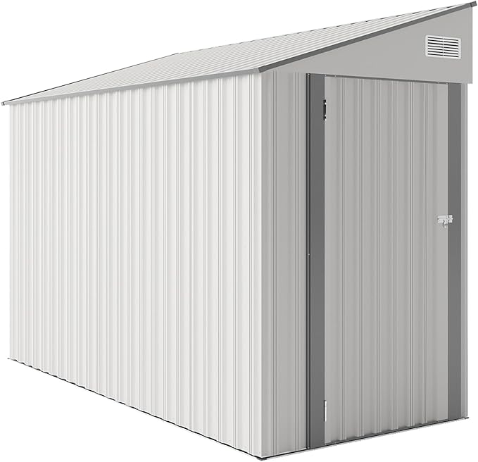 4×8 FT Outdoor Metal Storage Shed,Heavy-Duty Lean to Storage Shed with Lockable Single Side Hinge Door,Waterproof Metal Storage Tool House W/Sloping Roof,Air Vent&Protect Film,for Backyard,White