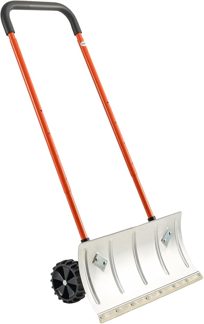 VEVOR 24 inch Snow Pusher Shovel with Wheels, Metal Heavy Duty Wheeled Push Snow Shovels for Driveway