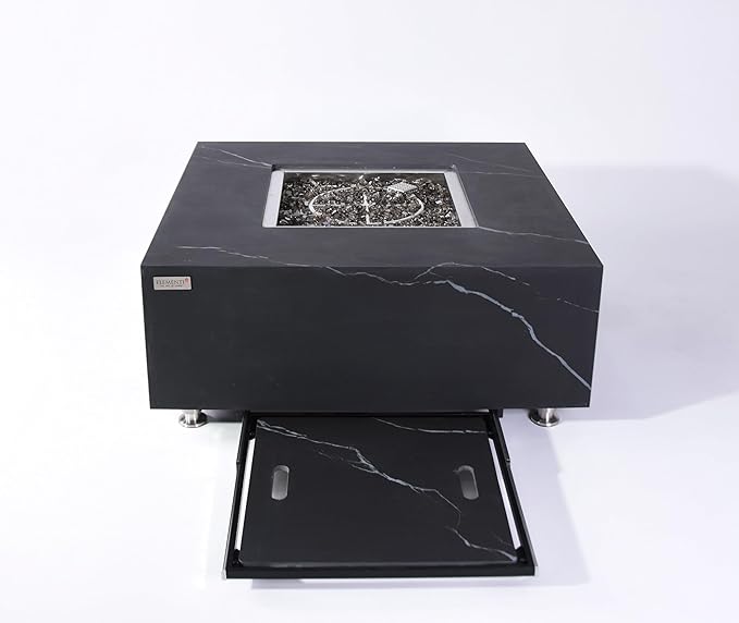 Elementi+ | Bundle Sofia Gas Fire Pit | Marble Porcelain & Metal Frame | 40" Square Fire Table | Electronic Ignition | Canvas Cover, Fire Glass & Burner Lid Included | Black | Natural Gas