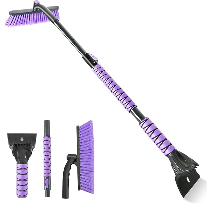 44" Ice Scraper and Snow Brush for Car Windshield with Extendable, 360° Pivoting, Soft Bristle Head, Foam Grip, for Car, Truck, SUV Window Tool (Purple)