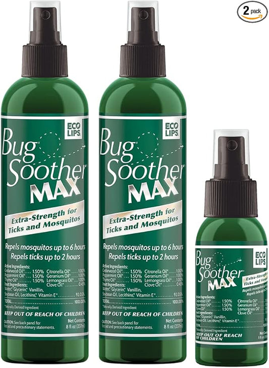 Bug Soother MAX - Extra Strength Natural Gnat, Tick, and Mosquito Repellent, 2 Pack 8 fl oz w/Free 1 oz. DEET-Free Bug Spray Deterrent - Safe for Adults & Environment - Made in USA