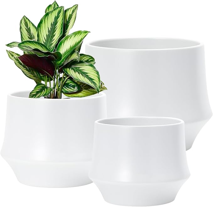 OXART Ceramic Plant Pots, 10/7.5/5.1 inch Planters Pots for Plants with Drainage Holes, Set of 3 Modern Round Decor Flower Pot for Plants Lilies, Cacti, Succulents, Snakes, and Pothos (White)