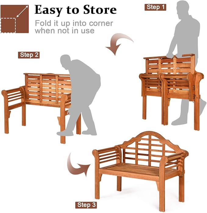 Tangkula Folding Outdoor Eucalyptus Wood Bench, 49” Large Foldable Solid Wood Garden Park Bench, 2-Person Loveseat Chair for Entryway, Deck, Porch, Poolside & Balcony