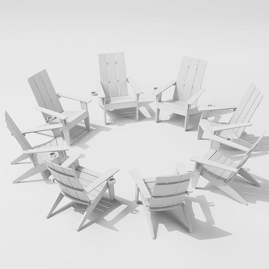 MXIMU Modern Adirondack Chairs Set of 8 Weather Resistant with Cup Holder Oversize Plastic Fire Pit Chairs Plastic Outdoor Chairs for Firepit Area Seating (White)