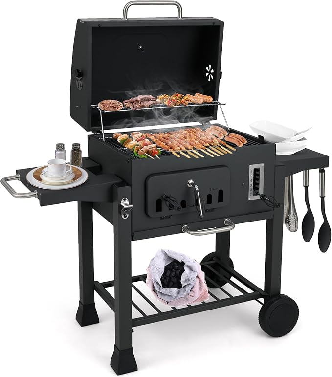Happygrill Barrel Charcoal Grill with 2 Folding Side Tables, 24-Inch Outdoor Barbecue Grill w/544 sq.in Cooking Area, 6-Gear Charcoal Tray & Storage Shelf, Portable Griddle w/Wheels for Camping Picnic