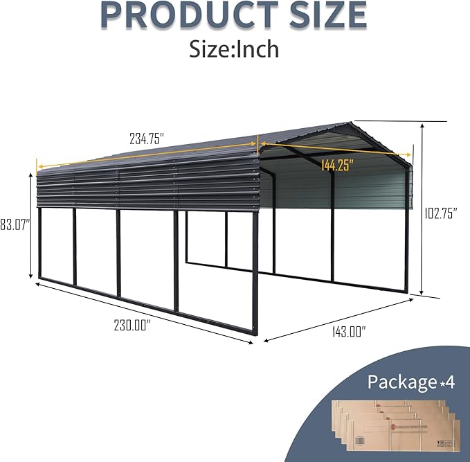 KEIKI 12x20 FT Steel Metal Outdoor Carport with Peaked Roof,Heavy Duty Vehicle Shed Canopy for Car,Truck and Boats
