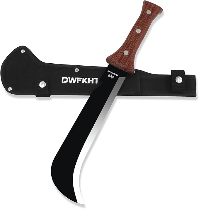Billhook Sickle Machetes, 15.6" Sharp Machete for Yard Work, Machete for Cutting Trees Heavy Duty, Gardening Machetes with No-Slip Wood Handle and Nylon Sheath, Sickle Knife Machetee for Grass