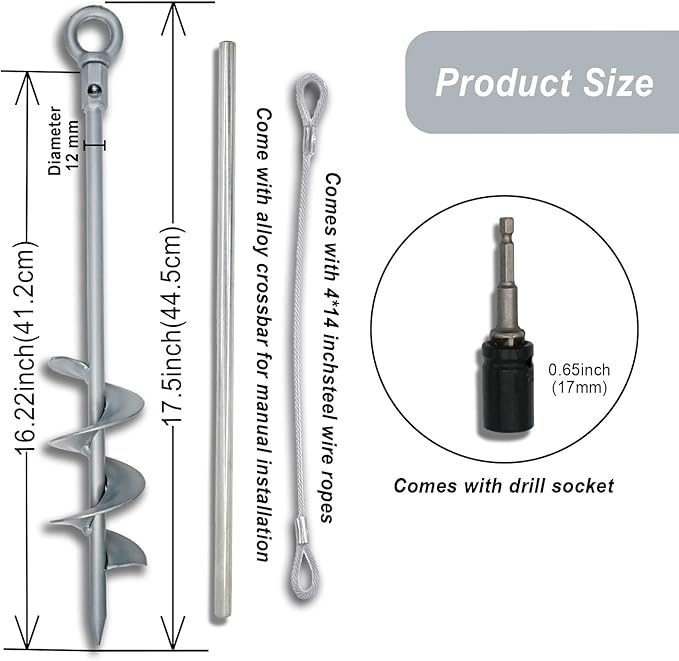 18 inch Ground Anchor Heavy Duty Earth Anchors Screw in Set for Mobile Home, Swing, Trampoline Tent Anchors Wind Resistant Tree Stakes and Supports with Drill Socket, 4 Pack
