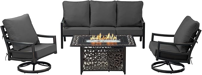 Oakland Living Black Aluminum Patio Fire Table Set with Deep Seating Sofa with Cushions and Two Club Chairs with Black Cushions