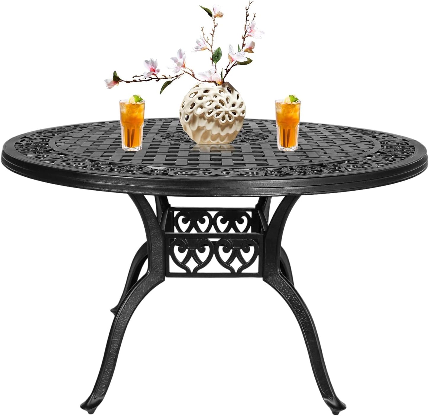 Cast Aluminum Patio Table,48" Round Patio Dining Table for 4-6 Person with Umbrella Hole,Metal Patio Table Outdoor Round Bistro Dining Table for Garden,Yard,Black