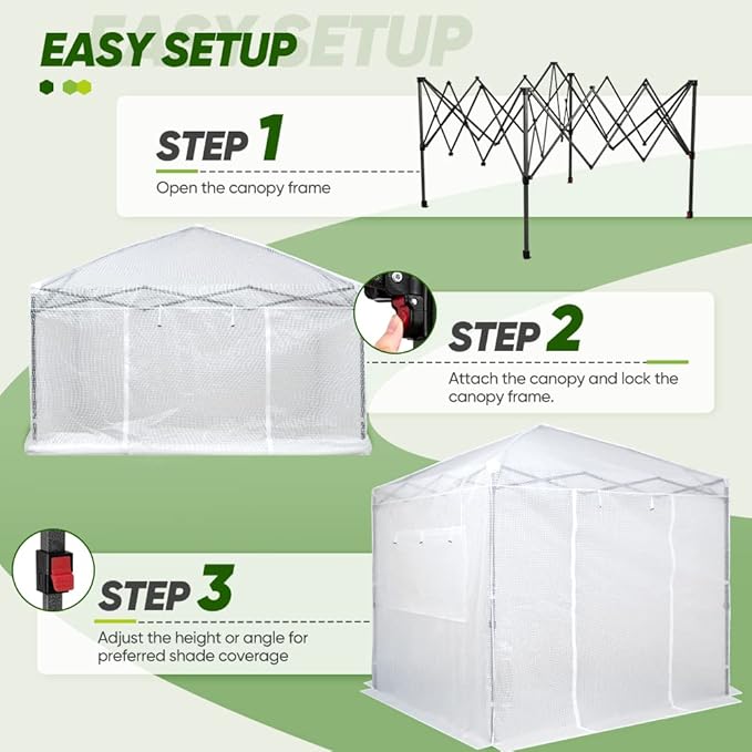 EAGLE PEAK Instant Pop-up Greenhouse, Indoor Outdoor Plant Gardening Green House, Roll-Up Zipper Doors and Side Windows, Walk in 8x8 ft, PE Cover, White/Clear