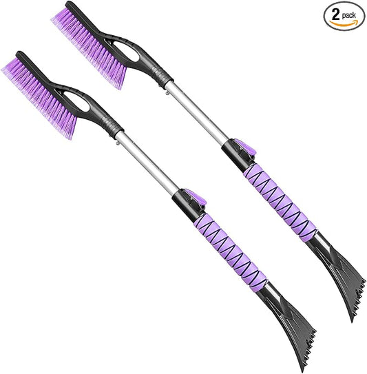 HEEYA 2 Pack Ice Scraper and Brush for Car, Extendable Snow Brush and Ice Scraper for Car Windshield Window, Car Snow Scraper and Brush with Foam Grip for SUV Truck Automobile Vehicle - Purple