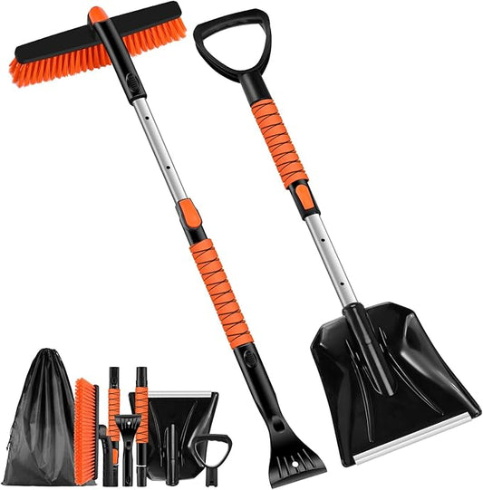Odoland Ice Scraper with Snow Brush and Snow Shovel, 35" Extendable Snow Remover with Foam Grip, 360° Pivoting Brush Head for Car Windshield, Emergency Snow Scraper for SUV Truck Vehicle, Orange
