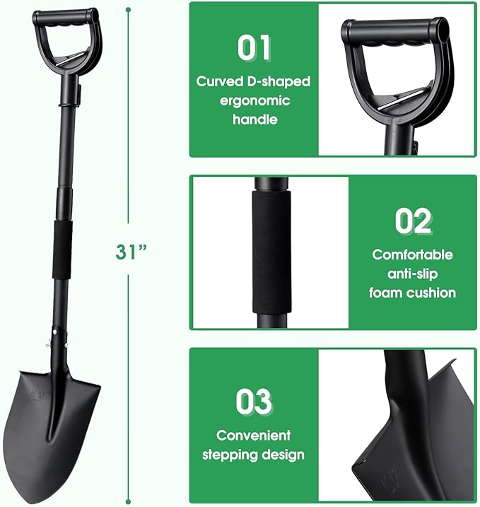31-Inch Metal Garden Digging Shovel, Black, Ergonomic D-Grip Handle, Ideal for Gardening, Camping, Beach, Snow Removal