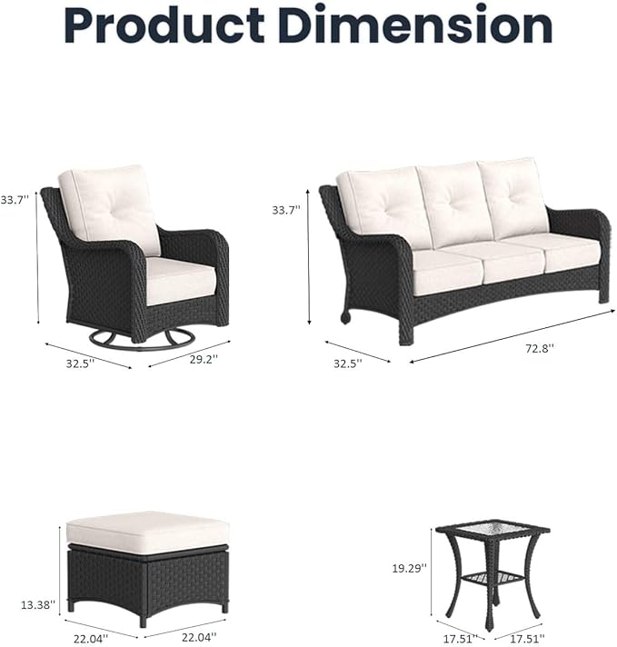 7 Pieces Outdoor Patio Furniture Sets with Rocking Swivel Chairs with 6-inch Thick Cushion and Side Table for Deck Lawn