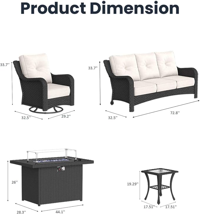 5 Pieces Outdoor Patio Furniture Sets with Rocking Swivel Chairs with 6-inch Thick Cushion and Fire Pit Table for Deck Lawn