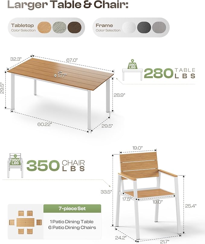 Outdoor Patio Dining Table Sets 7-Piece Aluminum and HDPS All-Weather Table and Chairs with Umbrella Hole, Patio Modern Furniture Sets for Garden, Backyard (White & Teak)