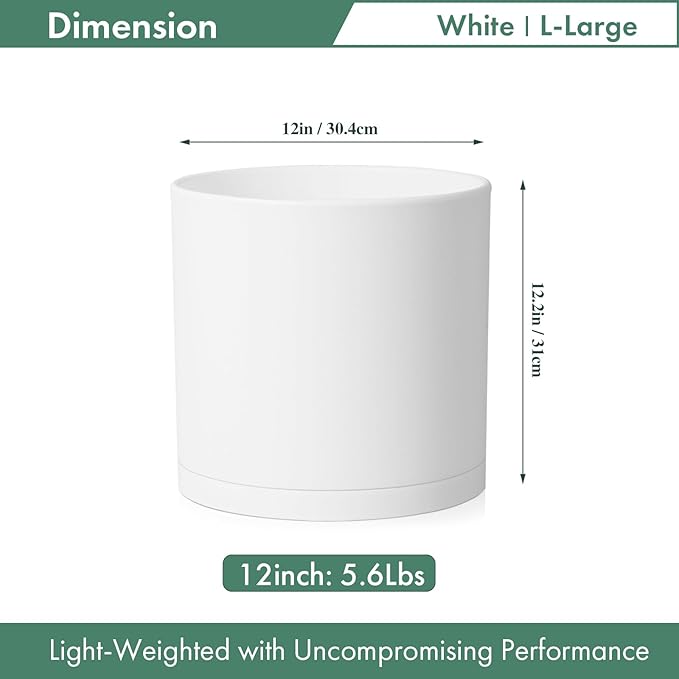 Cylinder 12 inch Plant Pots, Mordern Plastic Planters with Drainage Holes and Saucers for Indoor Outdoor Plants Flowers, White