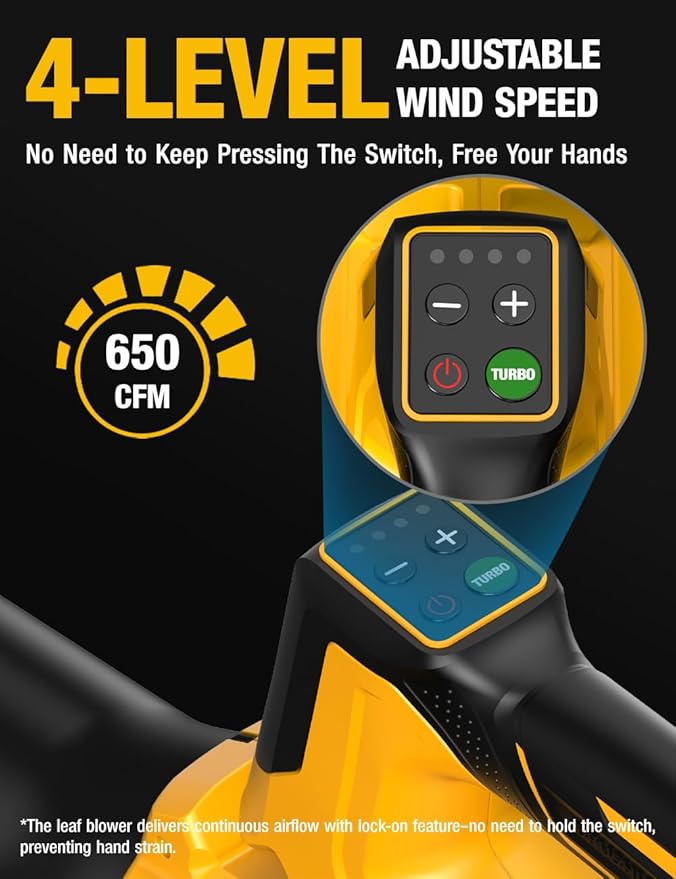 Cordless Leaf Blower for DEWALT 20V Max Battery, 650CFM/160MPH 26000RPM Brushless Leaf Blower Cordless w/Turbo & 4 Speed Modes, Lock-On Switch, Electric Leaf Blowers for Lawn Care, Blowing Wet Leaves