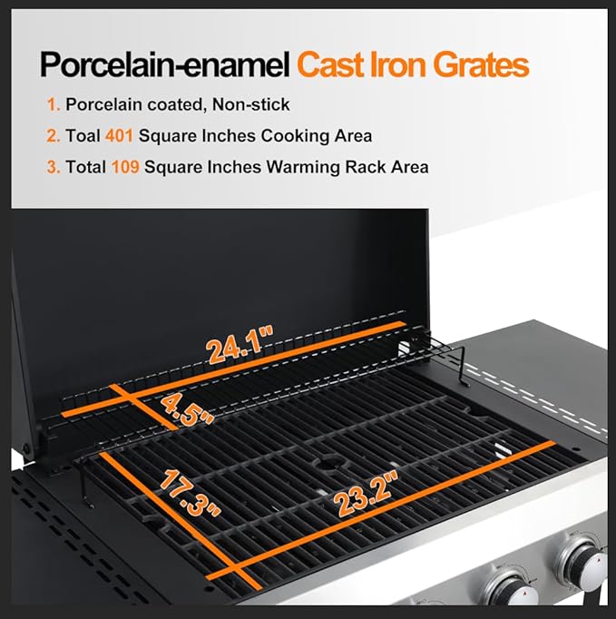 4-Burner Flat Top Propane Gas Grill Stainless Steel Griddle Combo with Foldable Side Table, 49,200 BTU Outdoor BBQ Grill, Porcelain-Enameled Cast Iron Grids, for Backyard, Patio Cooking