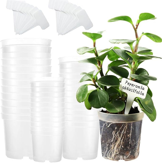 36 Packs 3.5/4/4.3 Inch Clear Nursery Pots for Plants Variety Pack, Transparent Plastic Plant Pots with Drain Holes, Seed Starting Pot Clear Planter Container with 20 Plant Labels for Gardening