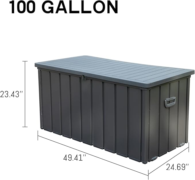 100 Gallon Outdoor Storage Deck Box Waterproof, Large Patio Storage Bin for Outside Cushions, Throw Pillows, Garden Tools, Lockable (Dark Gray Resin Lid)