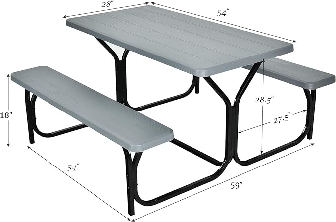 Giantex Picnic Table Bench Set Outdoor Camping All Weather Metal Base Wood-Like Texture Backyard Poolside Dining Party Garden Patio Lawn Deck Furniture Large Camping Picnic Tables for Adult (Gray)
