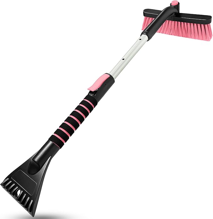 SEAAES Ice Scraper with Snow Brush for Car Windshield, Upgraded Extendable Snow Brush with Foam Grip for Truck SUV Vehicle Windows - Pink