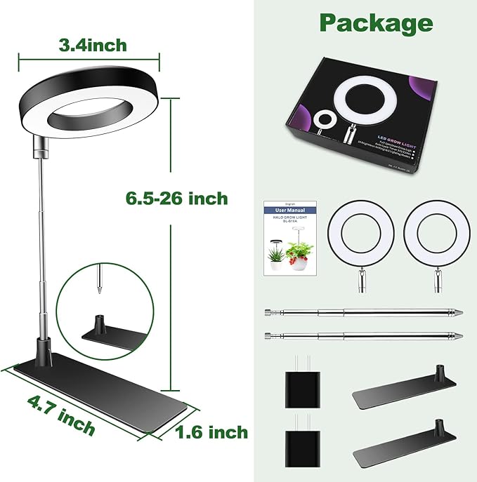 Grow Lights for Indoor Plants, 48 LEDs Full Spectrum Plant Light for Indoor Plants, Height Adjustable Growing Lamp with Base, 3 Optional Spectrums, Auto Timer 3/9/12Hrs, 10 Brightness, 2 Pack