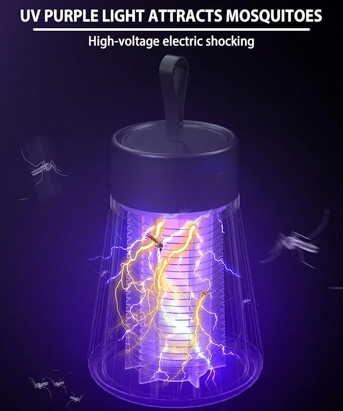 Bug Zapper Rechargeable, Hangable Mosquito Killer Lamp - Portable UV Insect Gnat Trap for Outdoor/Indoor, USB-Powered with Grid for Camping, Bedroom, Patio, Kitchen