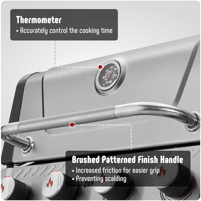 4+1 Burner Gas Grill, All Stainless Steel Outdoor BBQ Grill with Enameled Coated Chamber Body, 48,000 BTU Garden Barbecue Grill with Porcelain-Enameled Cast lron Grates, Grill Cover Included