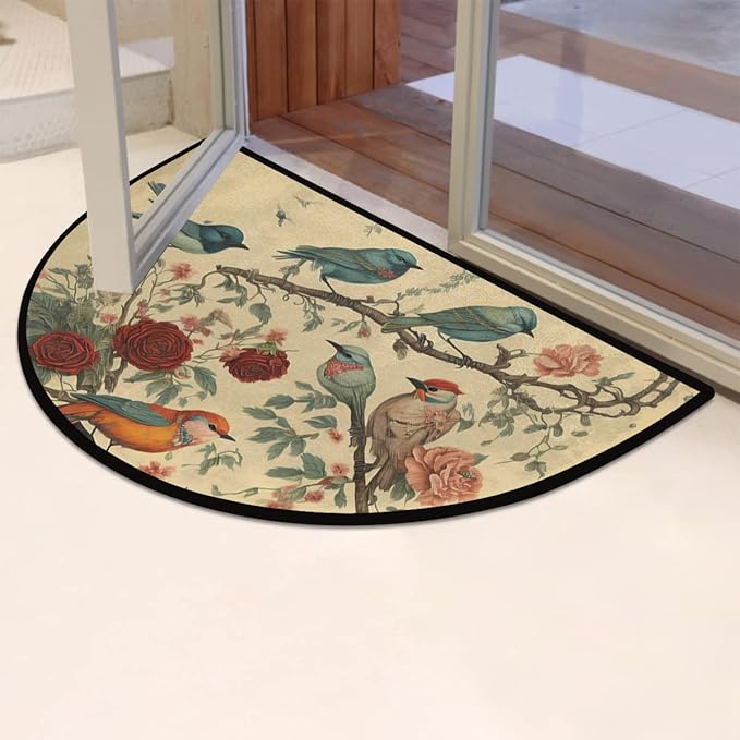 cfpolar Bird Half Round Door Mat, Vintage Bird Tree Flowers Retro Semicircle Doormat, Non Slip Soft Area Rug for Front Door Indoor Entrance Wear Resistant Welcome Mat, 24 x 36 in