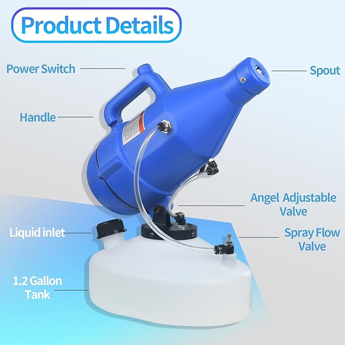 Portable ULV Fogger Machine with 4.5L Tank, Adjustable Spray Volume, 30ft Range, 16.4ft Cord, Cold Mist Disinfectant Sprayer, Lightweight Handheld for Hotel, School, Church, Yard