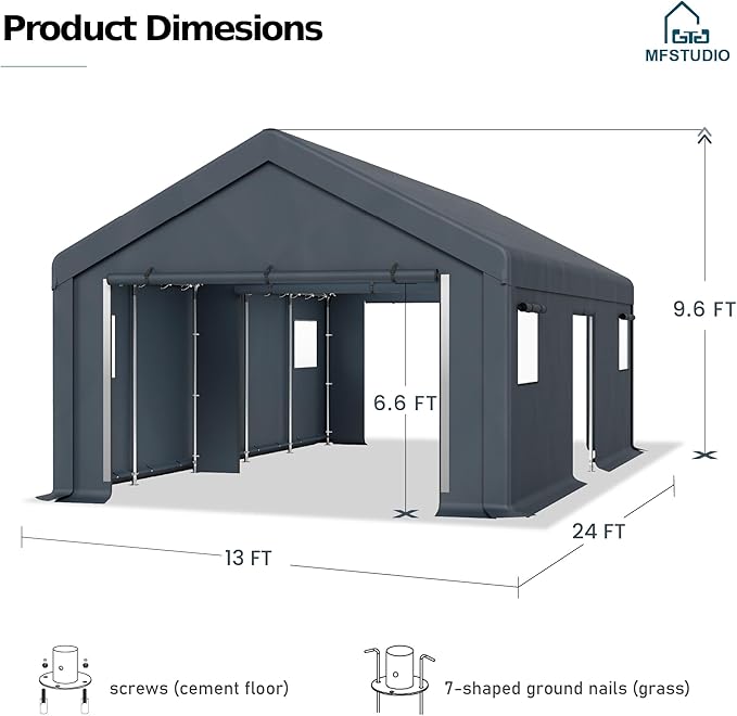 MFSTUDIO Outdoor Carport 13x24 ft, Portable Storage Sheds Shelter Garages Heavy Duty Canopy with Rolled up Zipper Doors and Sidewalls, Outside Utility Shed Garage Car Tent for Boat Truck and Tools