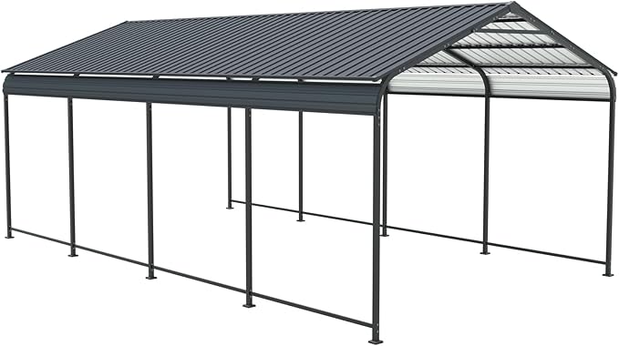 12x21 FT Metal Carport, Heavy Duty Car Port Canopy with Galvanized Steel Roof & Frame, Large Metal Carport Kit, Outdoor Car Garage, Steel Car Shelter for Car, Boat, Truck, Charcoal