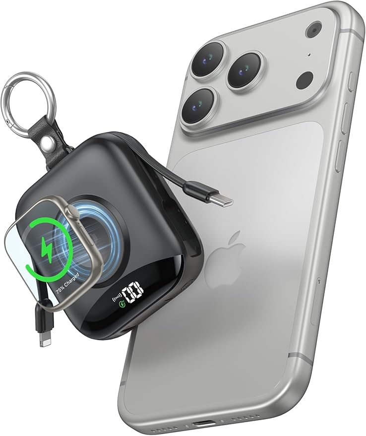 Portable Charger Power Bank, 10000mAh 22.5W Fast Charging with Built-in Cables, Travel Essential Battery Pack with LED Display, Keychain Battery for iPhone, iWatch 10/9/8/7/6/SE/5 Black