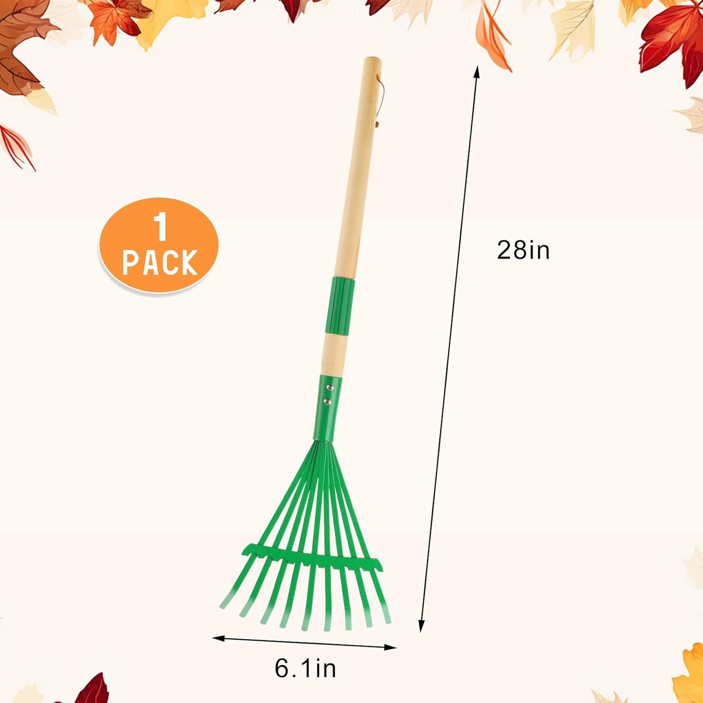 Kids Rakes with Hardwood Handle - Metal Kids Leaves Rakes, 28" Child Size Lawn Rakes with Vibrant Green Heads, Garden Tool Set for Kids Boys and Girls