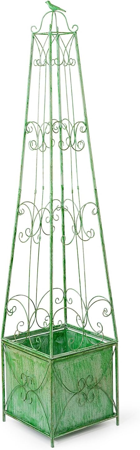 Sungmor Garden Obelisk Trellis with Planter Box - 5ft Metal Climbing Plant Support Tower with Bird Finial - Decorative Outdoor Wrought Iron Trellis for Roses, Clematis, Vines, Ivy - Distressed Green