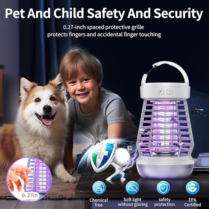 Portable Bug Zapper Indoor Outdoor, 2025 Upgraded Mosquito Zapper 3-in-1 Rechargeable Mosquito Killer & Camping Lamp,Suitable for Patio, Home, Backyard, Yard, Garden, Campsite (White)