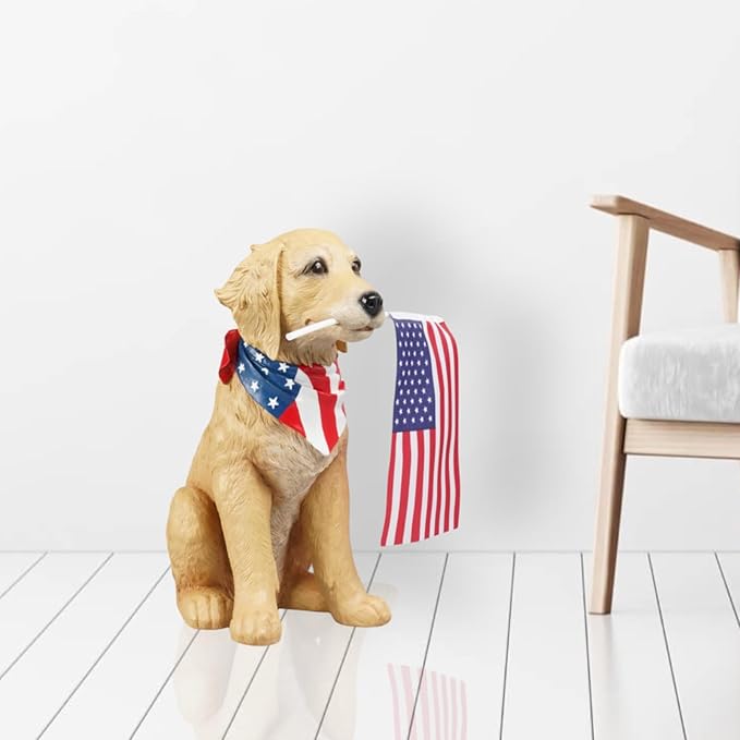 Cynkeyee Outdoor Garden Decor Dog Statue - Large Resin Puppy with American Flag Statues Sculpture for Outside Yard Lawn Home Decor Americana Patriotic Decorations 12.5x8.5x13.5 Inch