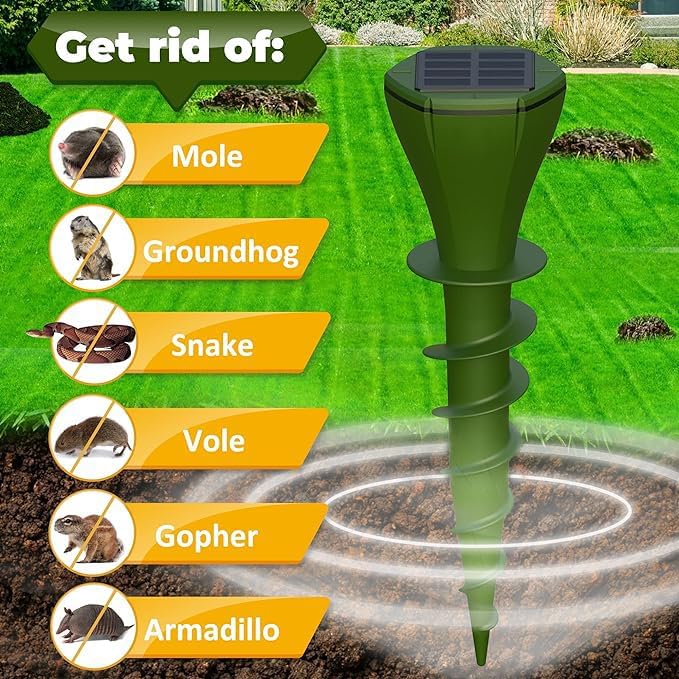 Mole Repellent for Lawns Gopher Screw Repeller Solar Powered Outdoor Groundhog Deterrent Vibration Stakes - Quiet Get Rid of Snake Vole Armadillo - No Poison Kill Traps (Green 8pack)