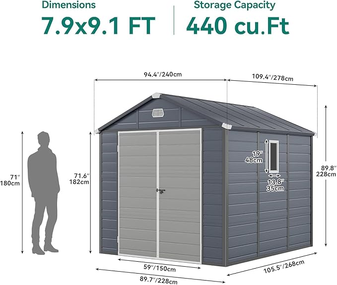 YITAHOME 8x9 FT Outdoor Storage Shed w/o Floor, All-Weather Plastic Shed with Lockable Doors, Window & Vents, Plastic Tool Shed for Backyard, Patio, Poolside, Lawn, Gray