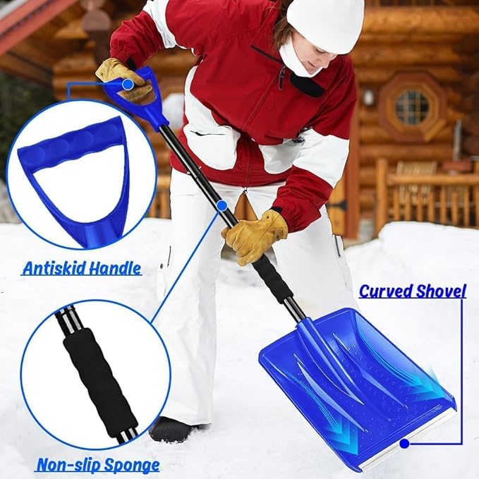 Snow Shovel for Car & Driveway, Upgraded 42.5" Lightweight Aluminum Alloy Shovel, Portable Foldable Snow Shovel for Emergency, Garden, Snow Removal, Heavy Duty Ice Shovel with Ergonomic Handle (Blue)